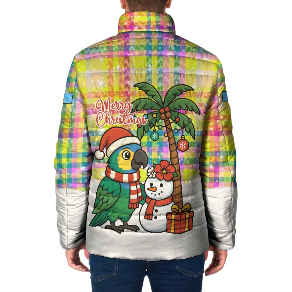 Saint Lucia Christmas Padded Jacket with Parrot Palm Tree Snowman and Plaid Holiday - Wonder Print Shop