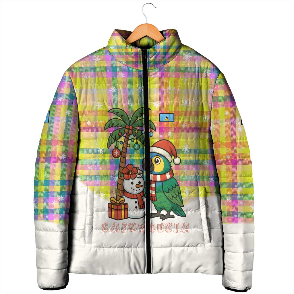 Saint Lucia Christmas Padded Jacket with Parrot Palm Tree Snowman and Plaid Holiday - Wonder Print Shop