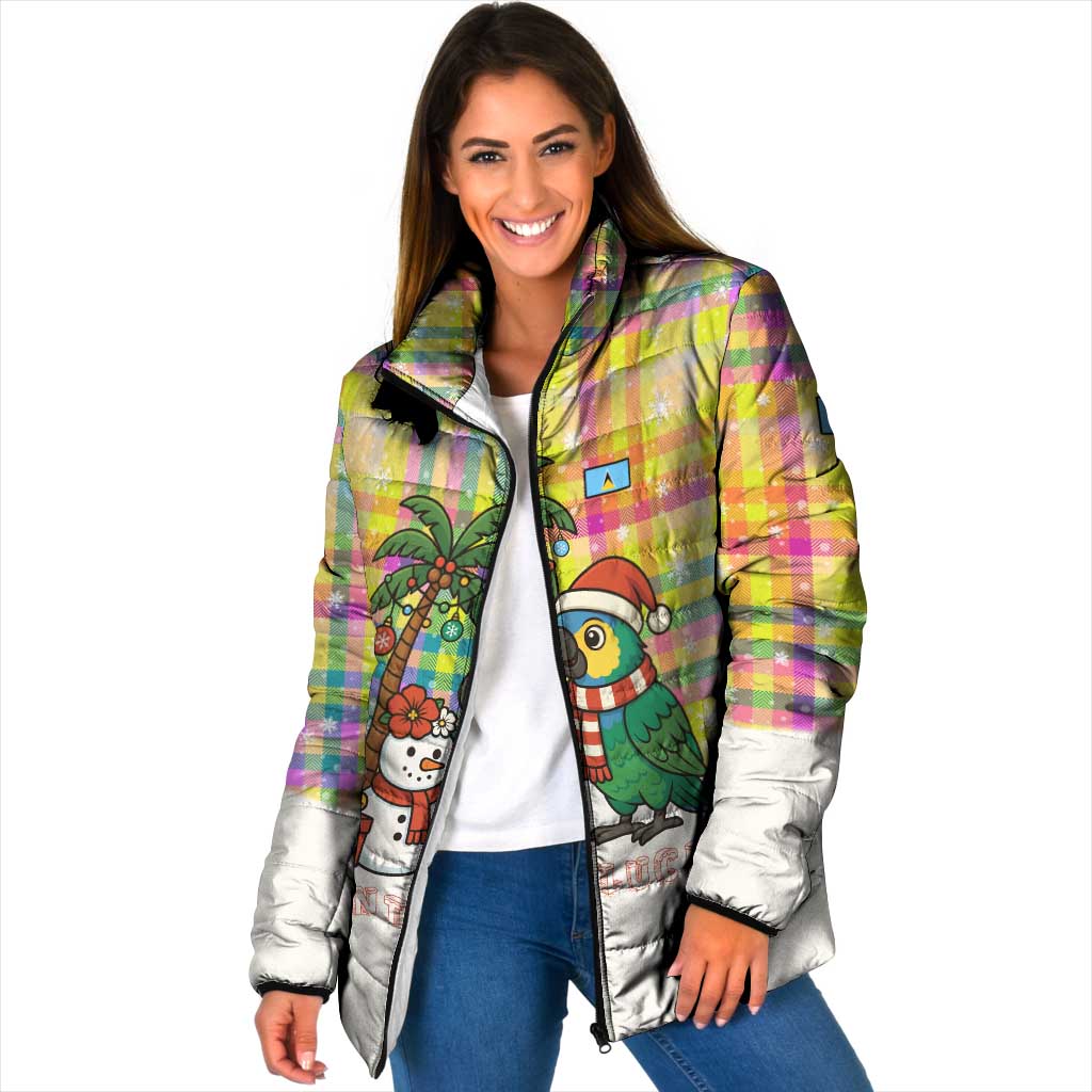 Saint Lucia Christmas Padded Jacket with Parrot Palm Tree Snowman and Plaid Holiday - Wonder Print Shop