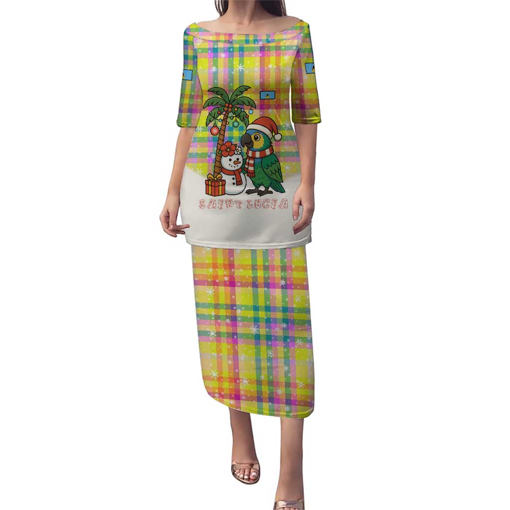 Saint Lucia Christmas Puletasi with Parrot Palm Tree Snowman and Plaid Holiday - Wonder Print Shop