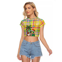 Saint Lucia Christmas Raglan Cropped T Shirt with Parrot Palm Tree Snowman and Plaid Holiday - Wonder Print Shop