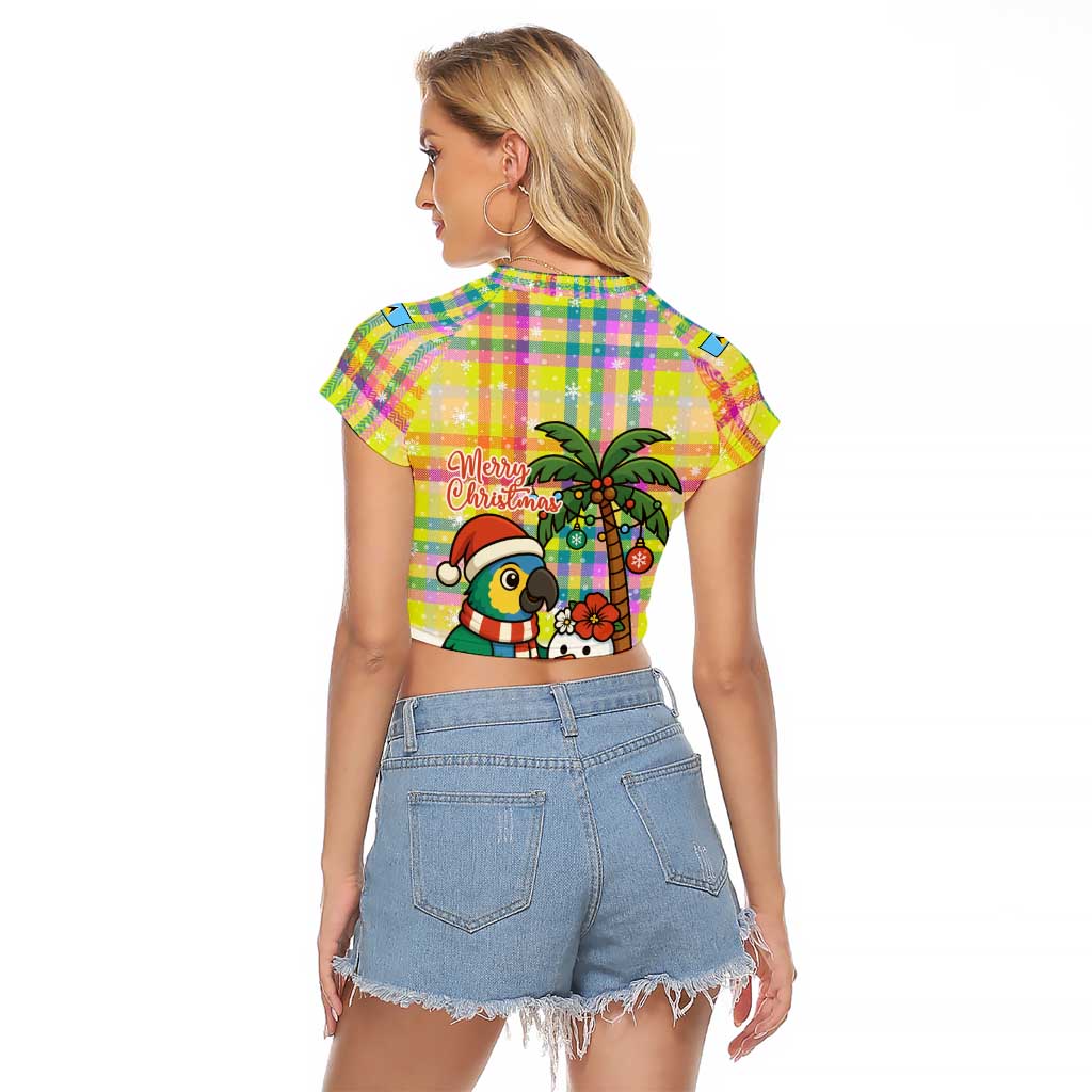 Saint Lucia Christmas Raglan Cropped T Shirt with Parrot Palm Tree Snowman and Plaid Holiday - Wonder Print Shop