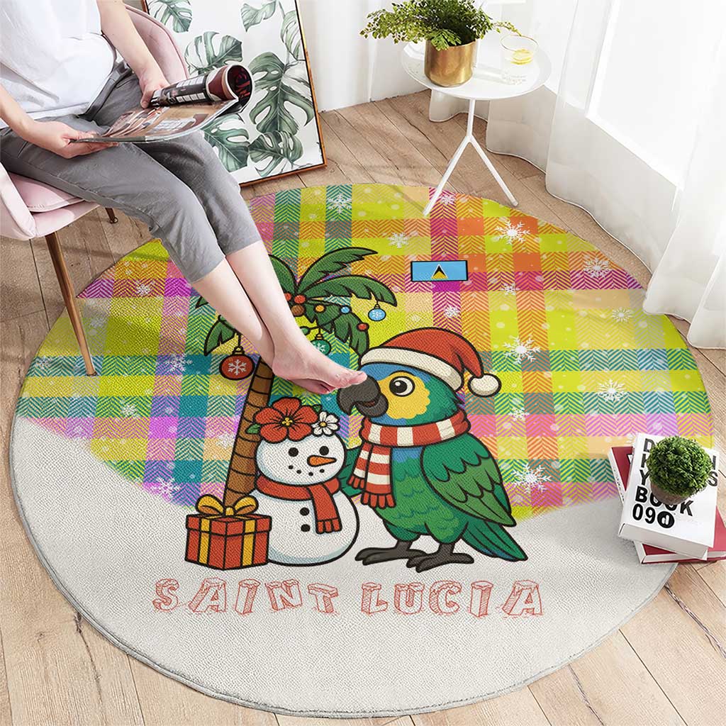 Saint Lucia Christmas Round Carpet with Parrot Palm Tree Snowman and Plaid Holiday - Wonder Print Shop