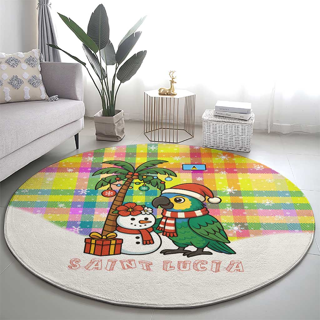 Saint Lucia Christmas Round Carpet with Parrot Palm Tree Snowman and Plaid Holiday - Wonder Print Shop
