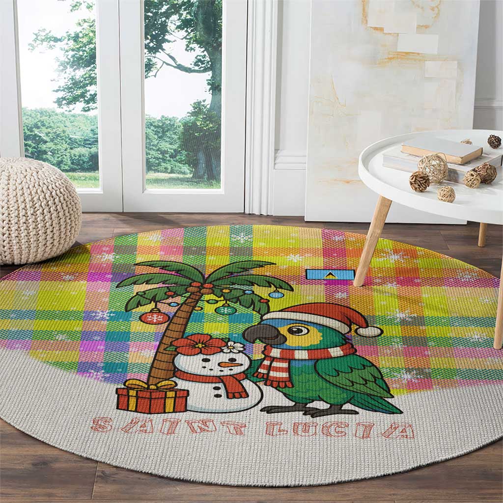 Saint Lucia Christmas Round Carpet with Parrot Palm Tree Snowman and Plaid Holiday - Wonder Print Shop