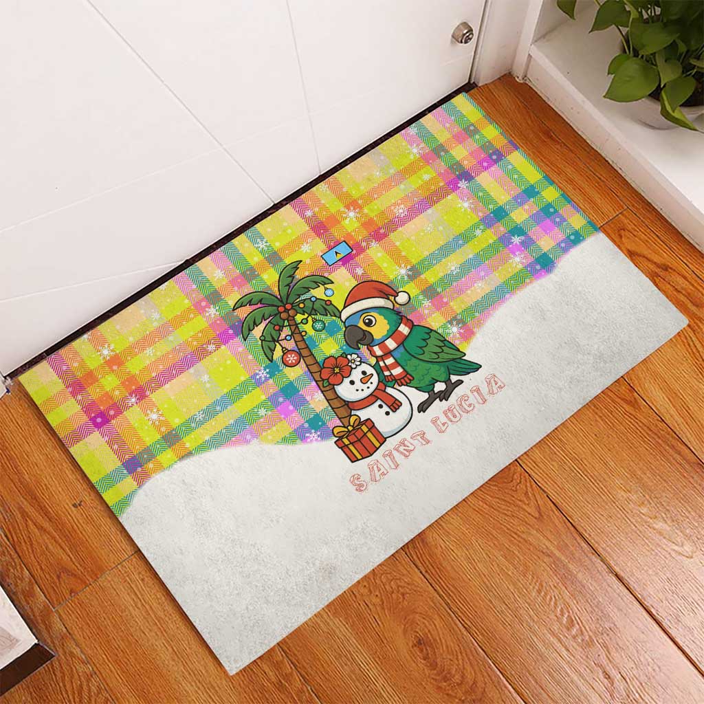 Saint Lucia Christmas Rubber Doormat with Parrot Palm Tree Snowman and Plaid Holiday - Wonder Print Shop