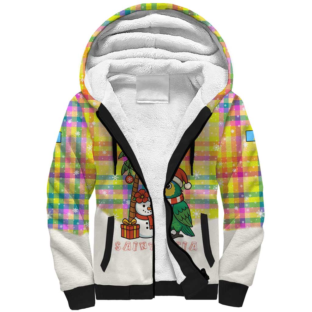 Saint Lucia Christmas Sherpa Hoodie with Parrot Palm Tree Snowman and Plaid Holiday - Wonder Print Shop