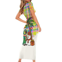 Saint Lucia Christmas Short Sleeve Bodycon Dress with Parrot Palm Tree Snowman and Plaid Holiday - Wonder Print Shop