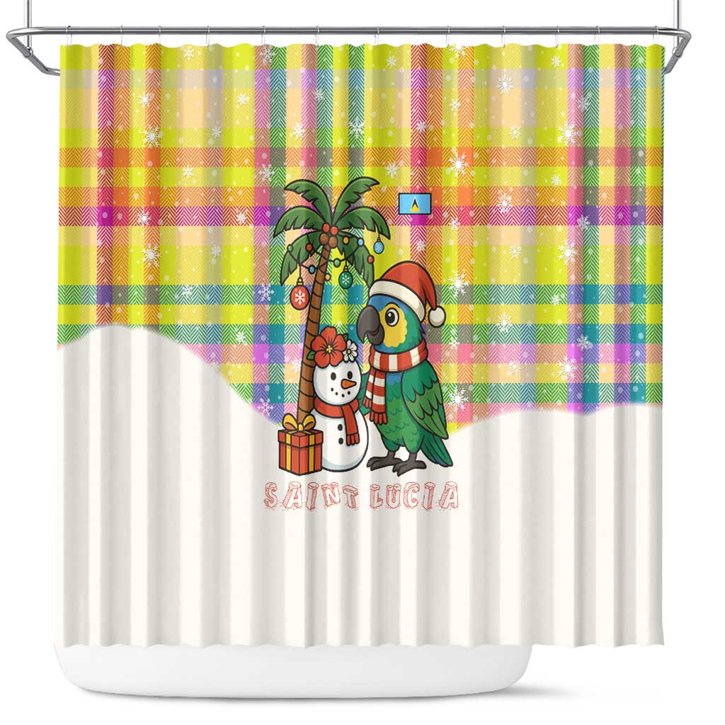 Saint Lucia Christmas Shower Curtain with Parrot Palm Tree Snowman and Plaid Holiday - Wonder Print Shop