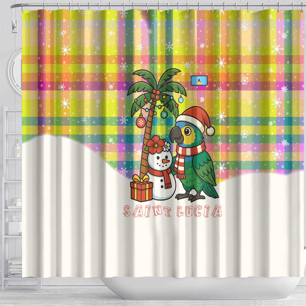 Saint Lucia Christmas Shower Curtain with Parrot Palm Tree Snowman and Plaid Holiday - Wonder Print Shop