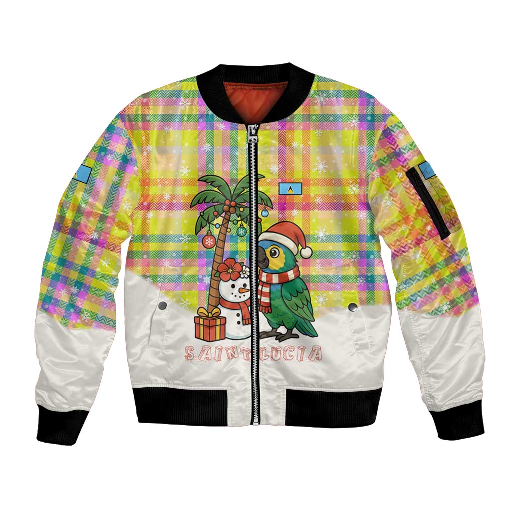 Saint Lucia Christmas Sleeve Zip Bomber Jacket with Parrot Palm Tree Snowman and Plaid Holiday - Wonder Print Shop