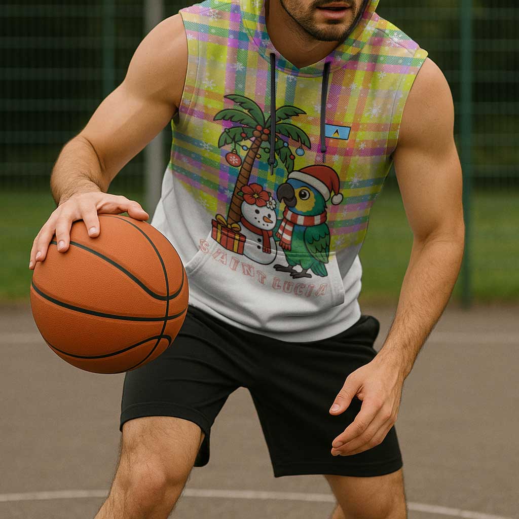 Saint Lucia Christmas Sleeveless Hoodie with Parrot Palm Tree Snowman and Plaid Holiday - Wonder Print Shop