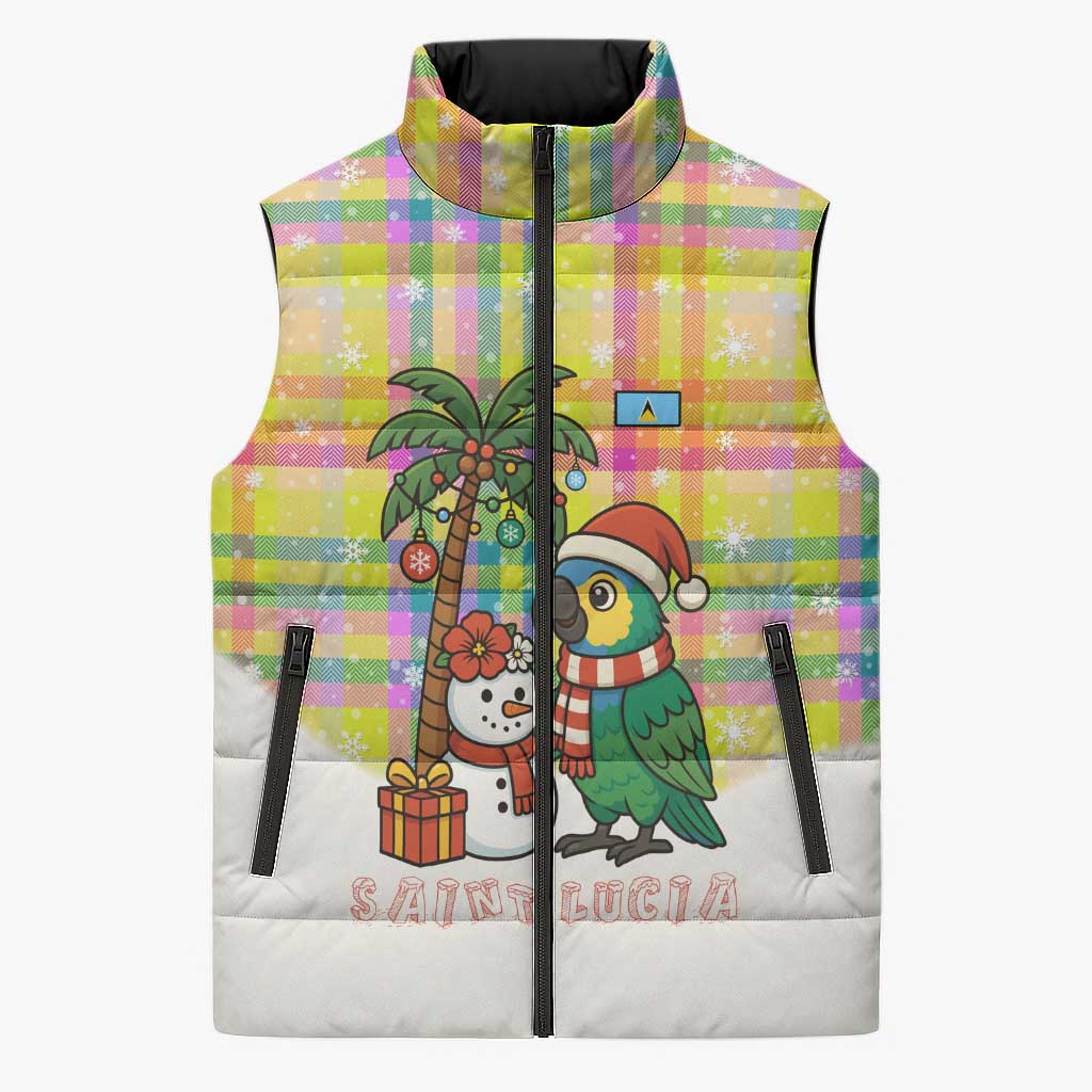 Saint Lucia Christmas Sleeveless Puffer Jacket with Parrot Palm Tree Snowman and Plaid Holiday - Wonder Print Shop