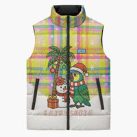 Saint Lucia Christmas Sleeveless Puffer Jacket with Parrot Palm Tree Snowman and Plaid Holiday - Wonder Print Shop