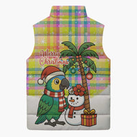 Saint Lucia Christmas Sleeveless Puffer Jacket with Parrot Palm Tree Snowman and Plaid Holiday - Wonder Print Shop