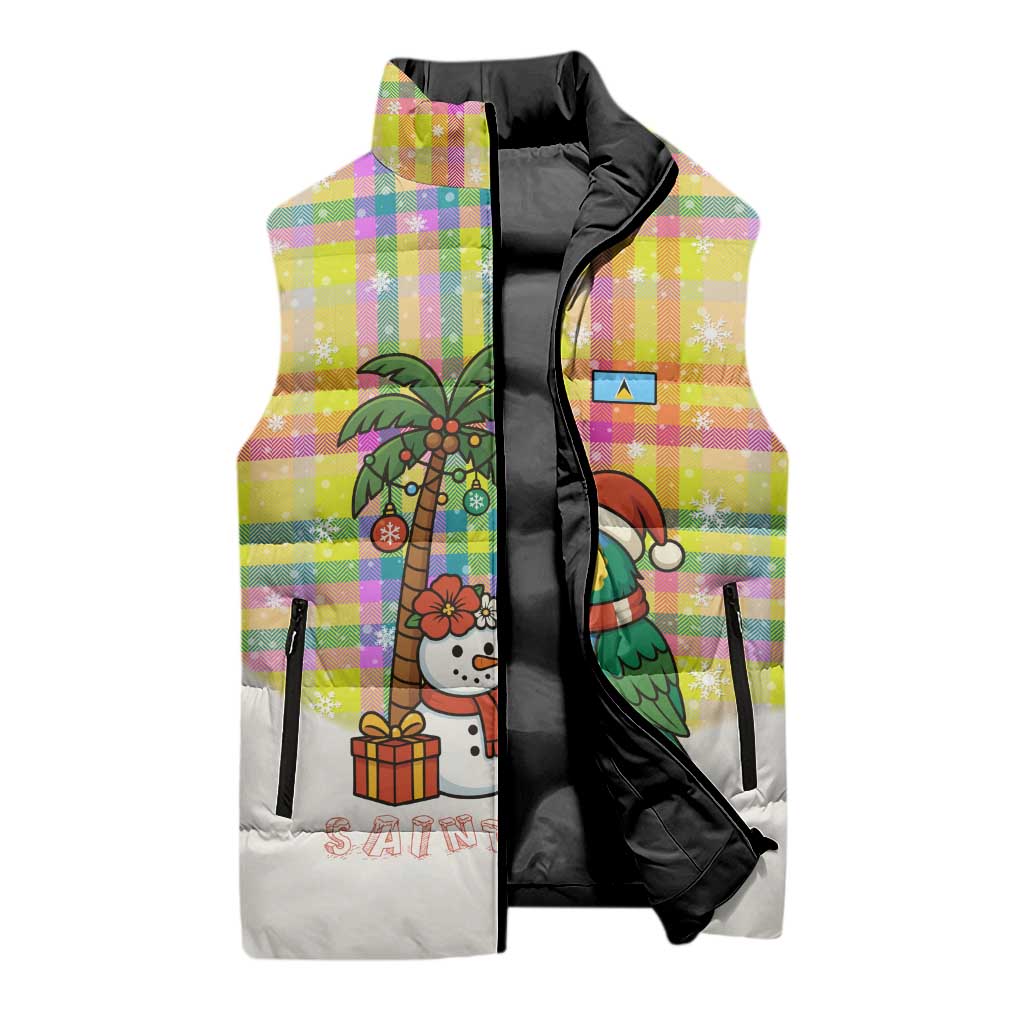 Saint Lucia Christmas Sleeveless Puffer Jacket with Parrot Palm Tree Snowman and Plaid Holiday - Wonder Print Shop