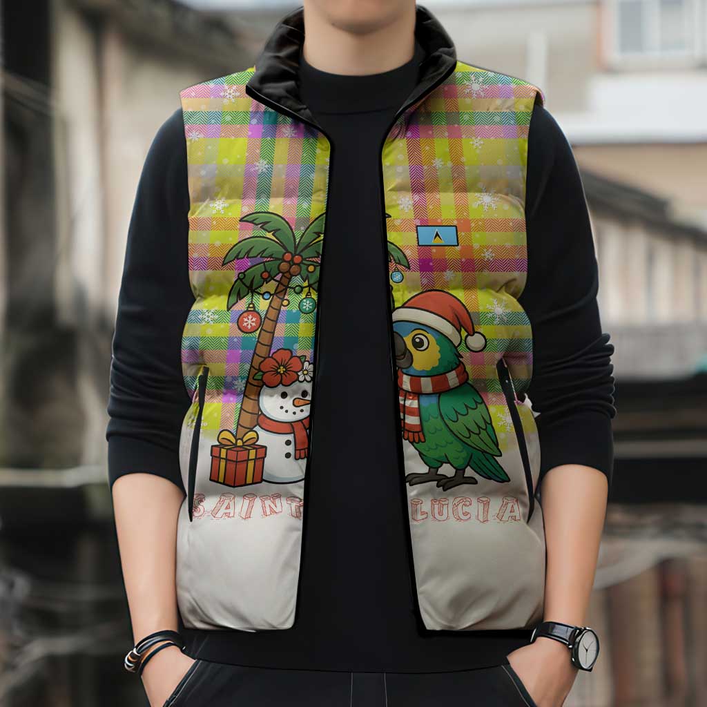 Saint Lucia Christmas Sleeveless Puffer Jacket with Parrot Palm Tree Snowman and Plaid Holiday - Wonder Print Shop