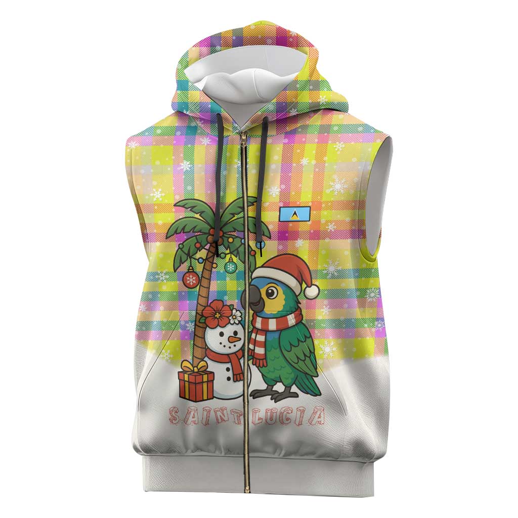 Saint Lucia Christmas Sleeveless Zip Hoodie with Parrot Palm Tree Snowman and Plaid Holiday - Wonder Print Shop