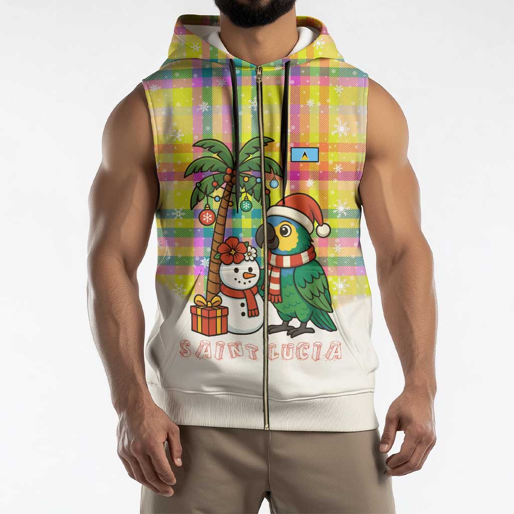 Saint Lucia Christmas Sleeveless Zip Hoodie with Parrot Palm Tree Snowman and Plaid Holiday - Wonder Print Shop