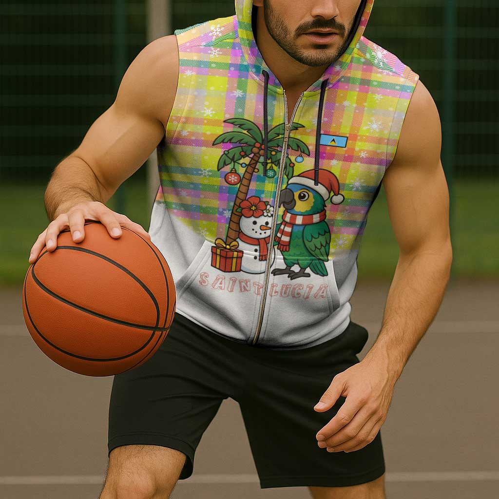 Saint Lucia Christmas Sleeveless Zip Hoodie with Parrot Palm Tree Snowman and Plaid Holiday - Wonder Print Shop