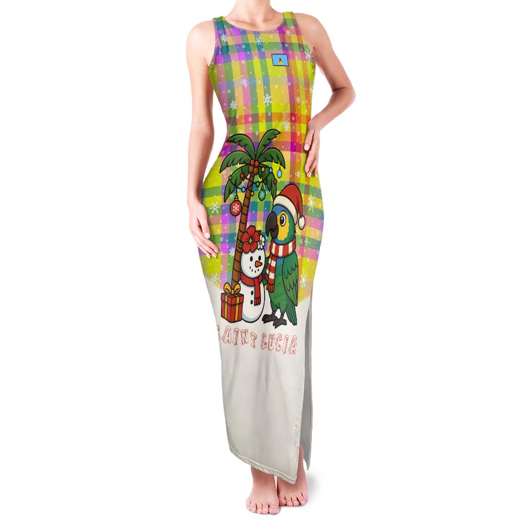 Saint Lucia Christmas Tank Maxi Dress with Parrot Palm Tree Snowman and Plaid Holiday - Wonder Print Shop