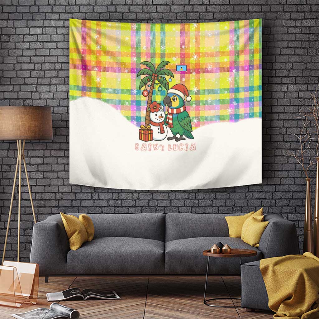 Saint Lucia Christmas Tapestry with Parrot Palm Tree Snowman and Plaid Holiday - Wonder Print Shop