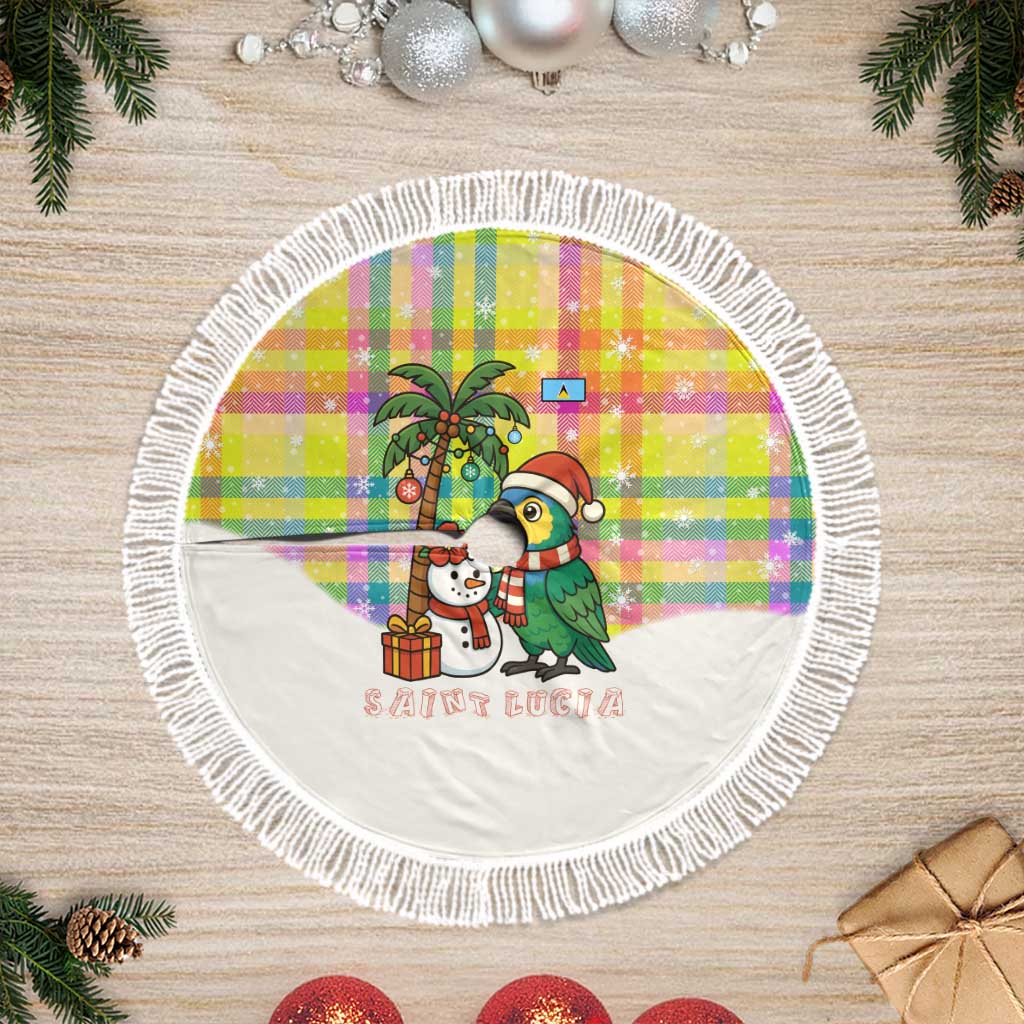 Saint Lucia Christmas Tree Skirt with Parrot Palm Tree Snowman and Plaid Holiday - Wonder Print Shop