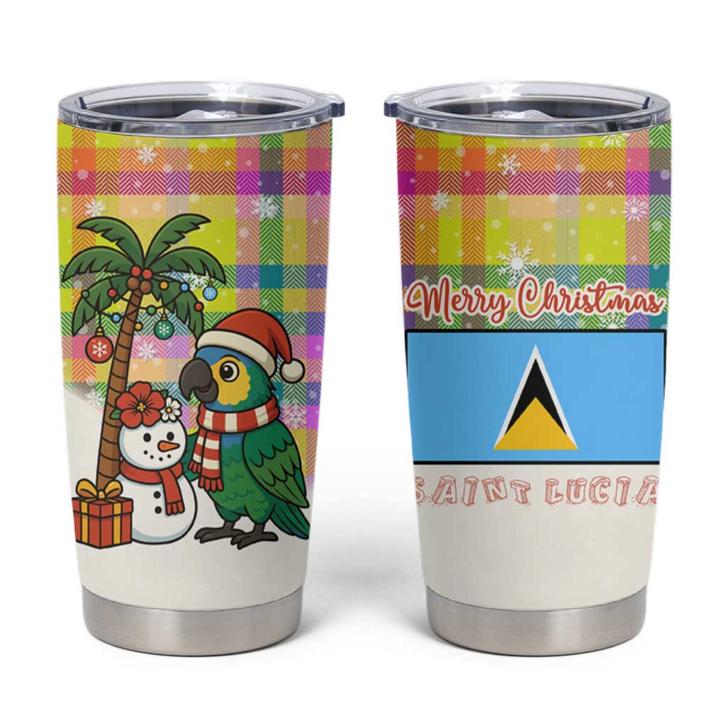 Saint Lucia Christmas Tumbler Cup with Parrot Palm Tree Snowman and Plaid Holiday - Wonder Print Shop