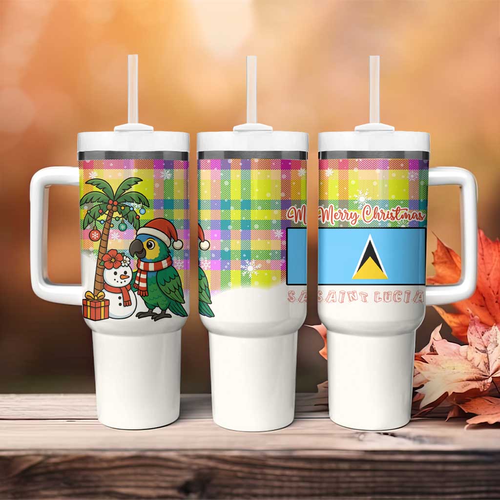 Saint Lucia Christmas Tumbler With Handle with Parrot Palm Tree Snowman and Plaid Holiday - Wonder Print Shop