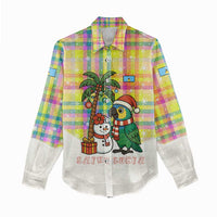 Saint Lucia Christmas Women Casual Shirt with Parrot Palm Tree Snowman and Plaid Holiday - Wonder Print Shop