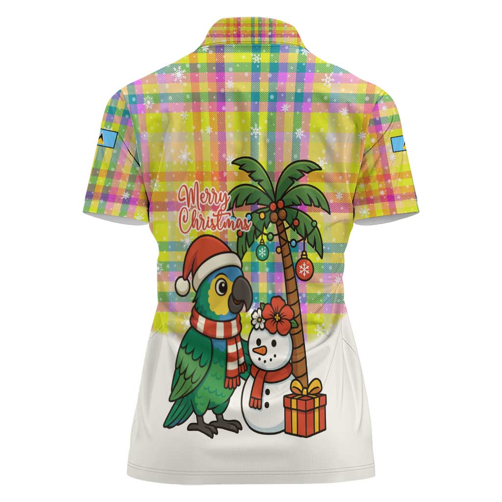 Saint Lucia Christmas Women Polo Shirt with Parrot Palm Tree Snowman and Plaid Holiday - Wonder Print Shop