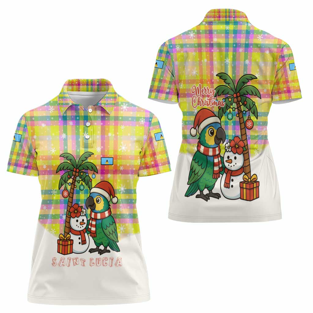 Saint Lucia Christmas Women Polo Shirt with Parrot Palm Tree Snowman and Plaid Holiday - Wonder Print Shop