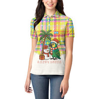 Saint Lucia Christmas Women Polo Shirt with Parrot Palm Tree Snowman and Plaid Holiday - Wonder Print Shop