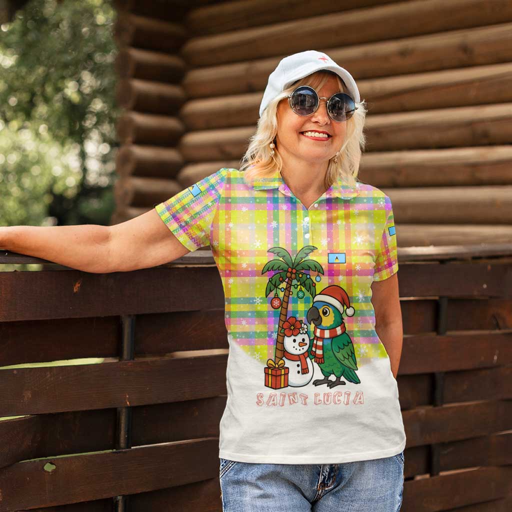 Saint Lucia Christmas Women Polo Shirt with Parrot Palm Tree Snowman and Plaid Holiday - Wonder Print Shop