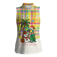 Saint Lucia Christmas Women Sleeveless Polo Shirt with Parrot Palm Tree Snowman and Plaid Holiday - Wonder Print Shop