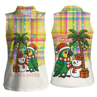 Saint Lucia Christmas Women Sleeveless Polo Shirt with Parrot Palm Tree Snowman and Plaid Holiday - Wonder Print Shop
