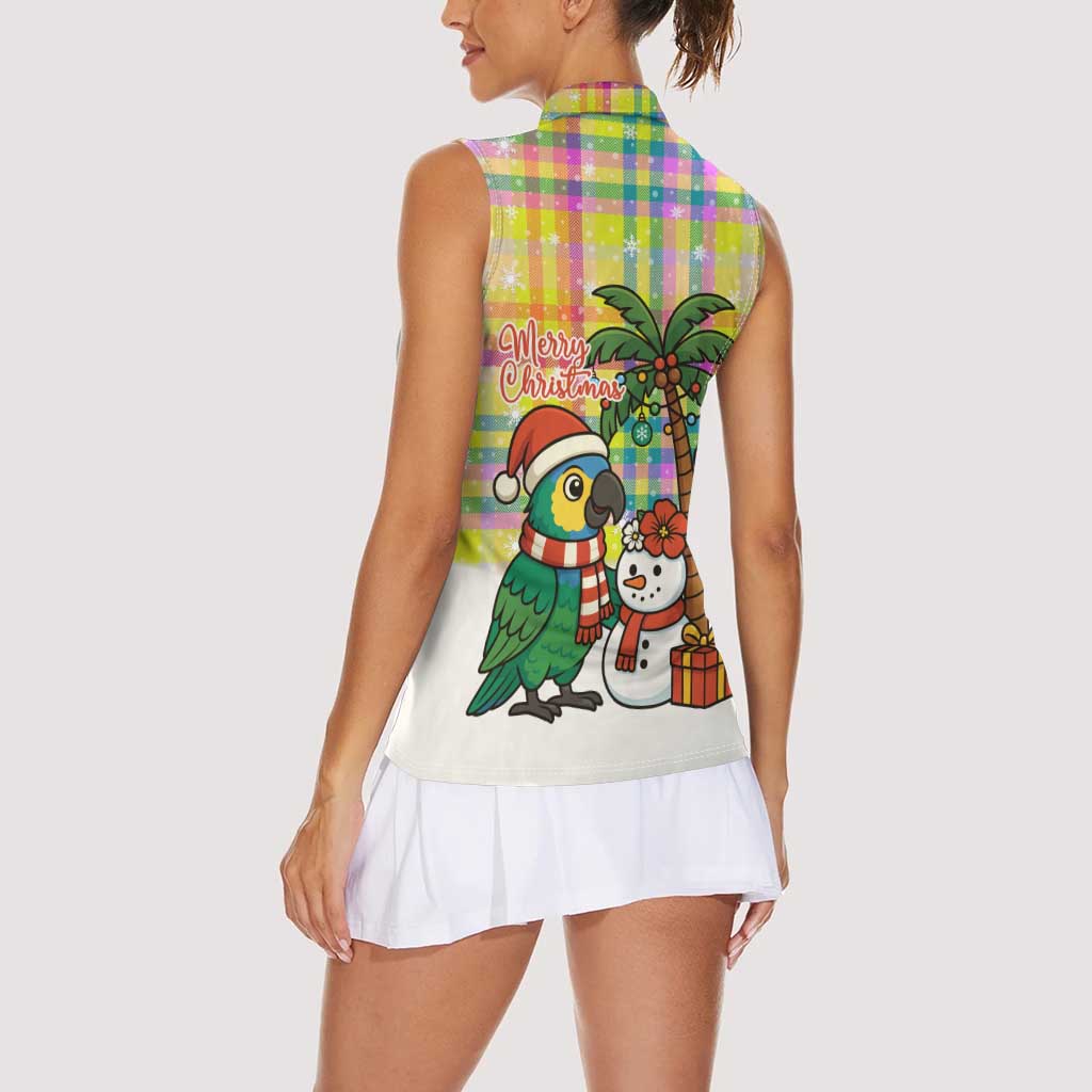 Saint Lucia Christmas Women Sleeveless Polo Shirt with Parrot Palm Tree Snowman and Plaid Holiday - Wonder Print Shop