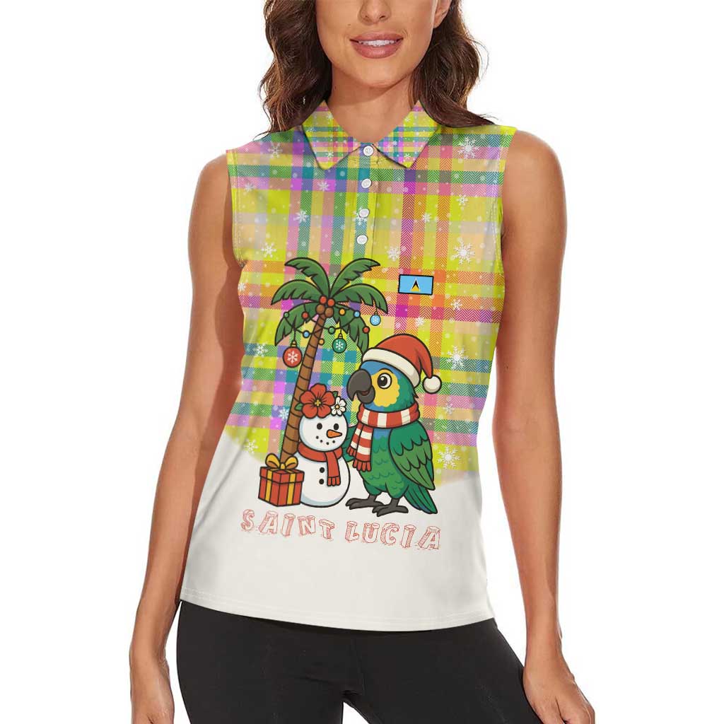 Saint Lucia Christmas Women Sleeveless Polo Shirt with Parrot Palm Tree Snowman and Plaid Holiday - Wonder Print Shop