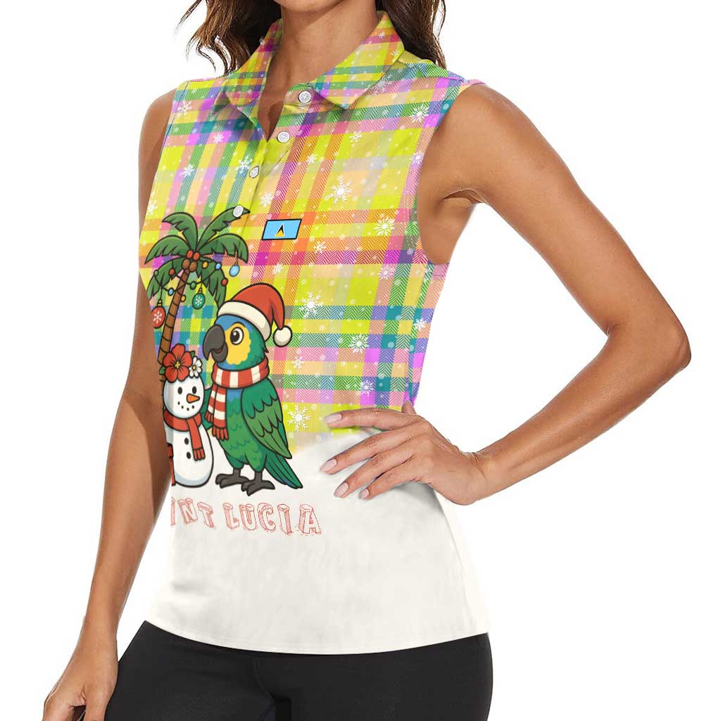Saint Lucia Christmas Women Sleeveless Polo Shirt with Parrot Palm Tree Snowman and Plaid Holiday - Wonder Print Shop