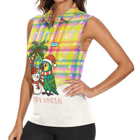 Saint Lucia Christmas Women Sleeveless Polo Shirt with Parrot Palm Tree Snowman and Plaid Holiday - Wonder Print Shop