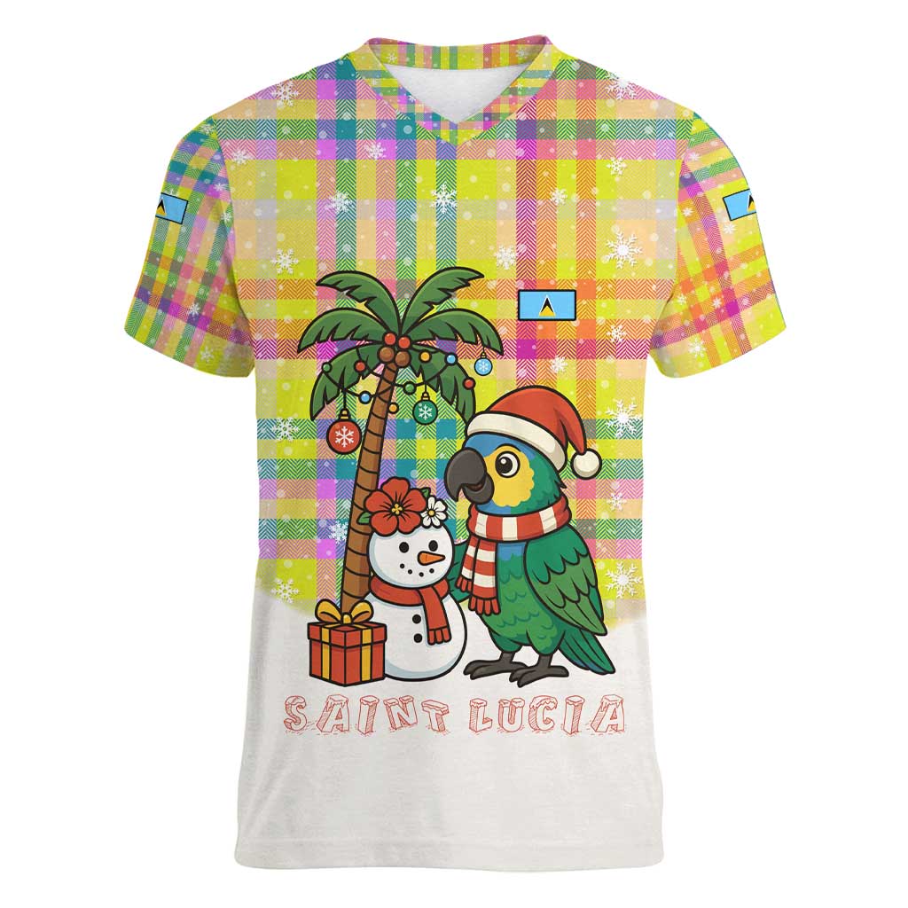 Saint Lucia Christmas Women V-Neck T-Shirt with Parrot Palm Tree Snowman and Plaid Holiday - Wonder Print Shop