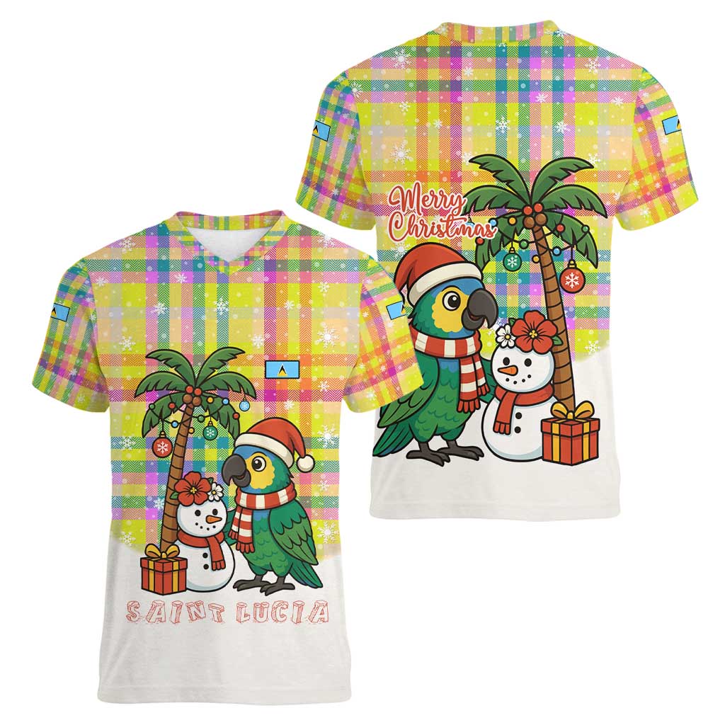 Saint Lucia Christmas Women V-Neck T-Shirt with Parrot Palm Tree Snowman and Plaid Holiday - Wonder Print Shop