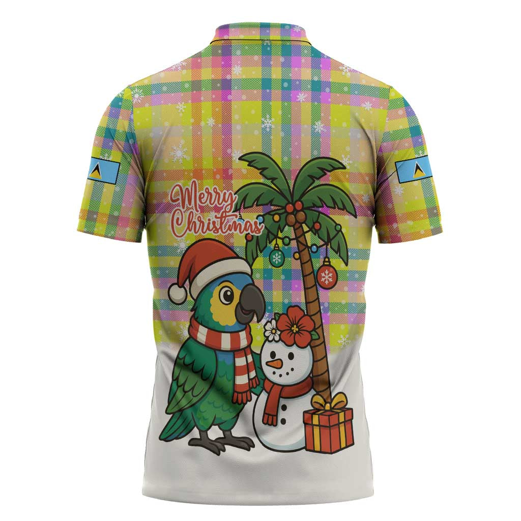 Saint Lucia Christmas Zipper Polo Shirt with Parrot Palm Tree Snowman and Plaid Holiday - Wonder Print Shop