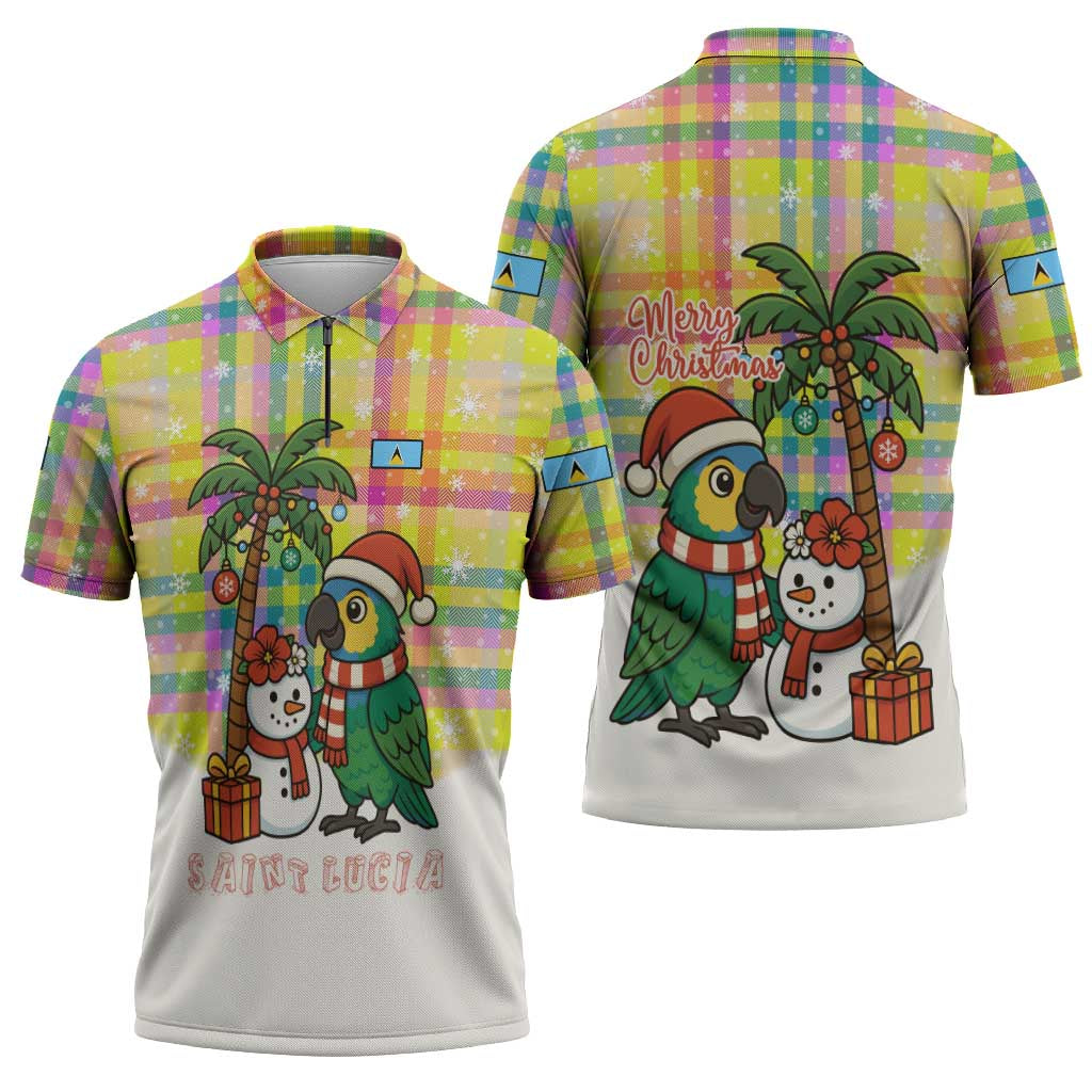 Saint Lucia Christmas Zipper Polo Shirt with Parrot Palm Tree Snowman and Plaid Holiday - Wonder Print Shop
