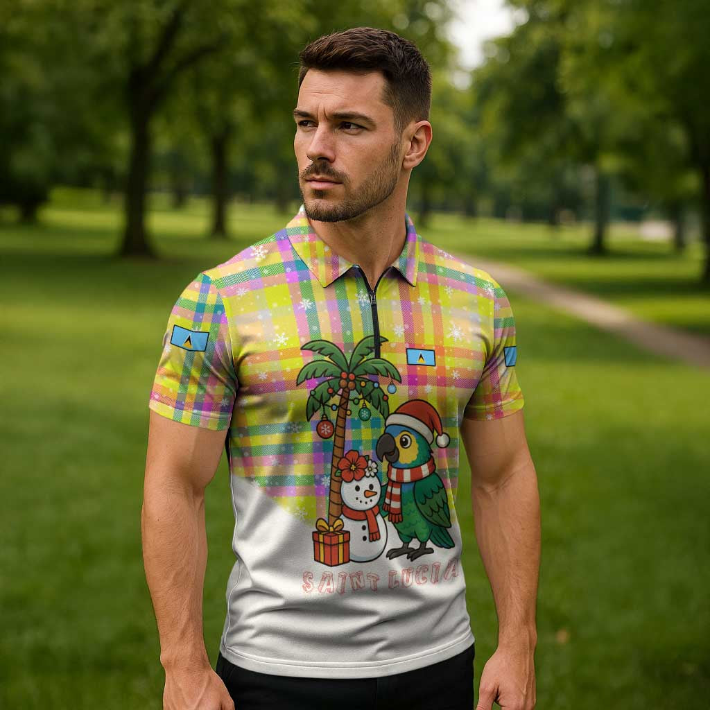 Saint Lucia Christmas Zipper Polo Shirt with Parrot Palm Tree Snowman and Plaid Holiday - Wonder Print Shop