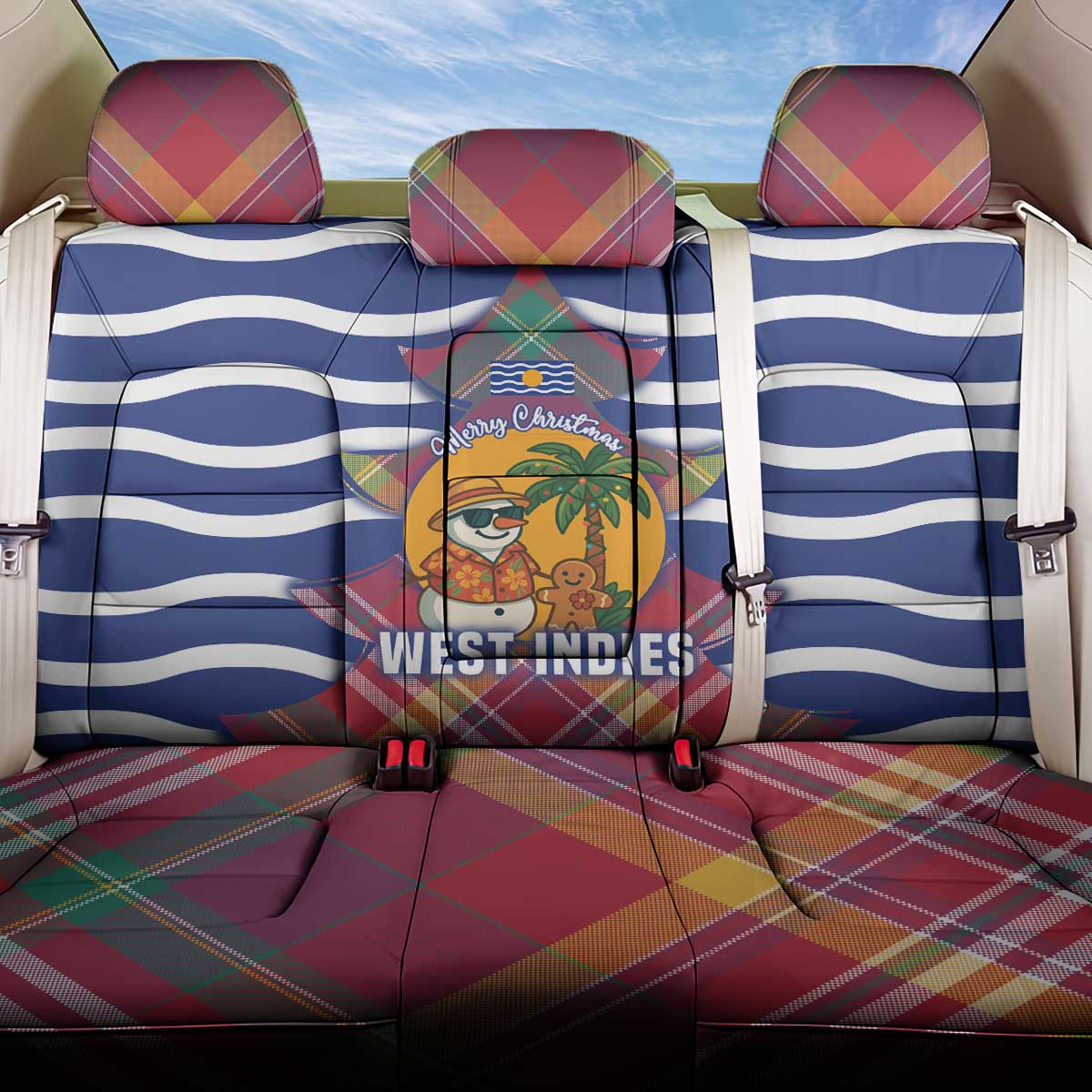 West Indies Christmas Back Car Seat Cover with Tropical Snowman Palm Tree Gingerbread and Plaid Design - Wonder Print Shop