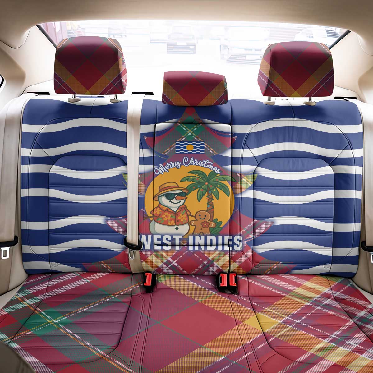 West Indies Christmas Back Car Seat Cover with Tropical Snowman Palm Tree Gingerbread and Plaid Design - Wonder Print Shop