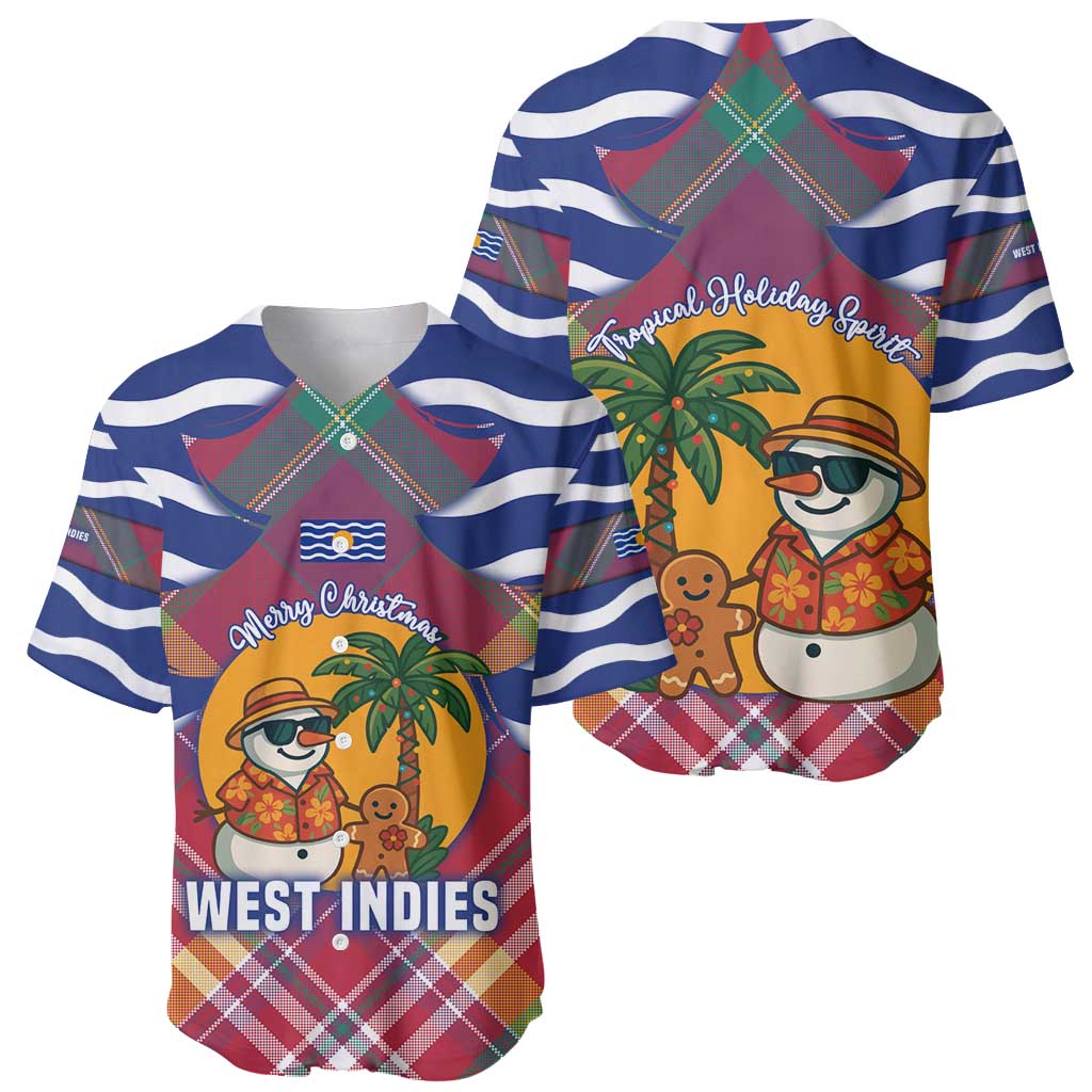 West Indies Christmas Baseball Jersey with Tropical Snowman Palm Tree Gingerbread and Plaid Design - Wonder Print Shop