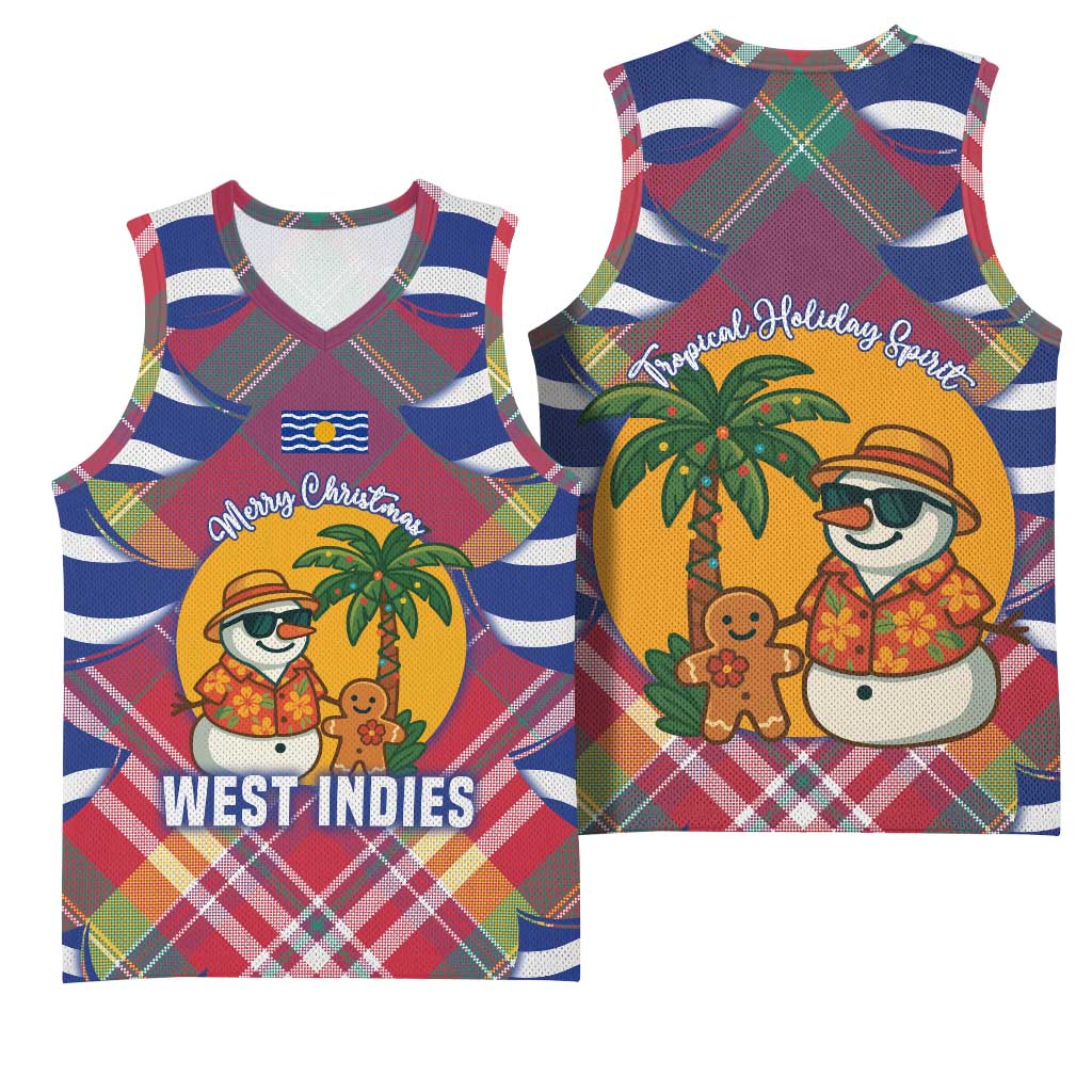 West Indies Christmas Basketball Jersey with Tropical Snowman Palm Tree Gingerbread and Plaid Design - Wonder Print Shop