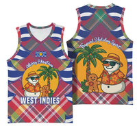 West Indies Christmas Basketball Jersey with Tropical Snowman Palm Tree Gingerbread and Plaid Design - Wonder Print Shop